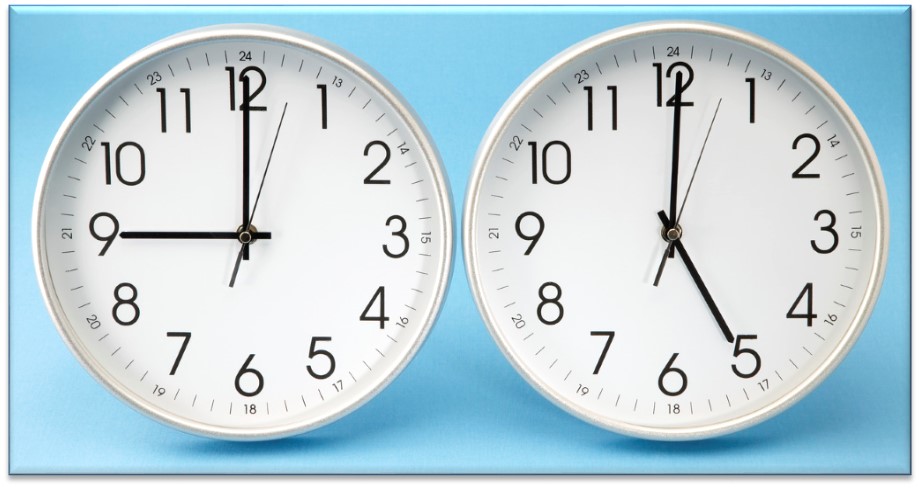 clocks showing 9 am and 5 pm